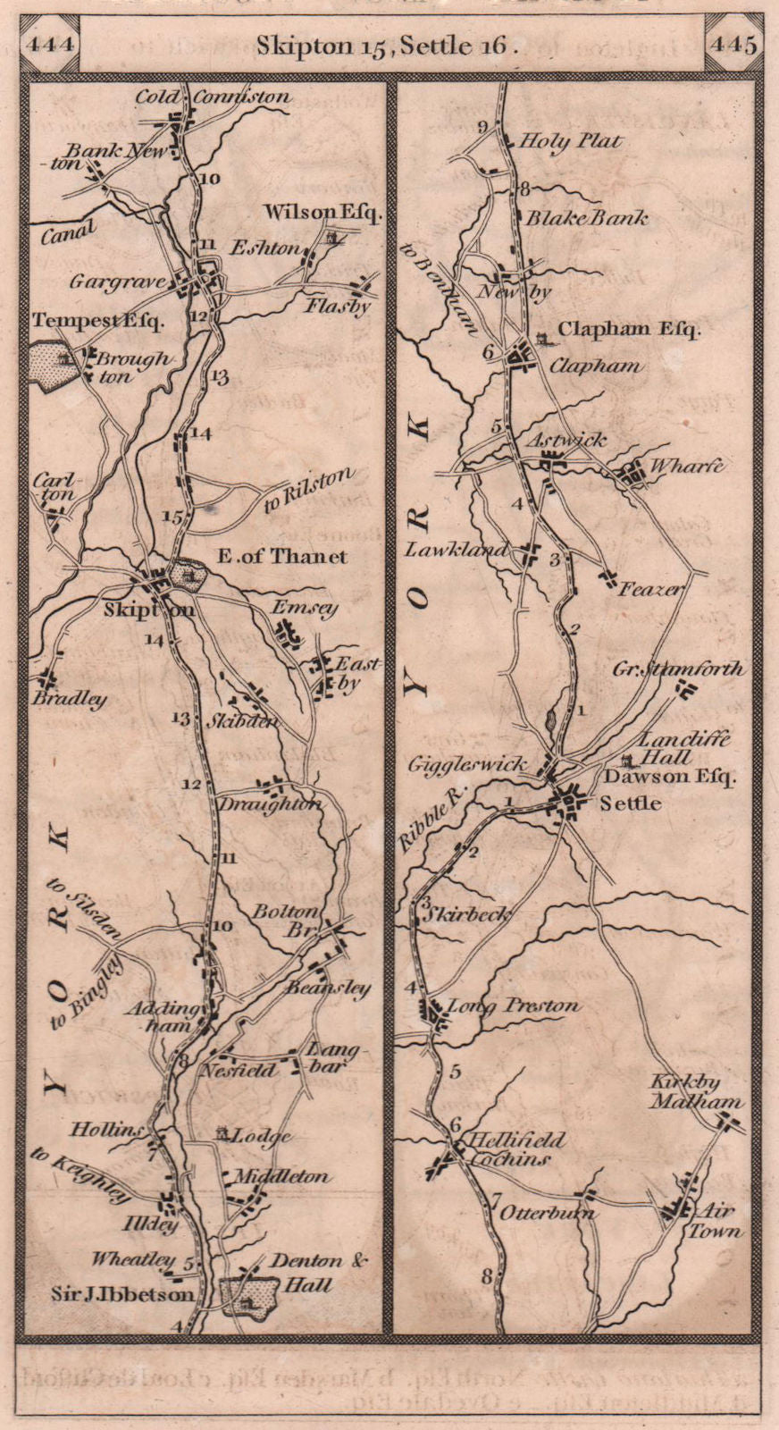 Skipton - Gargrave - Settle - Clapham road strip map PATERSON 1803 old